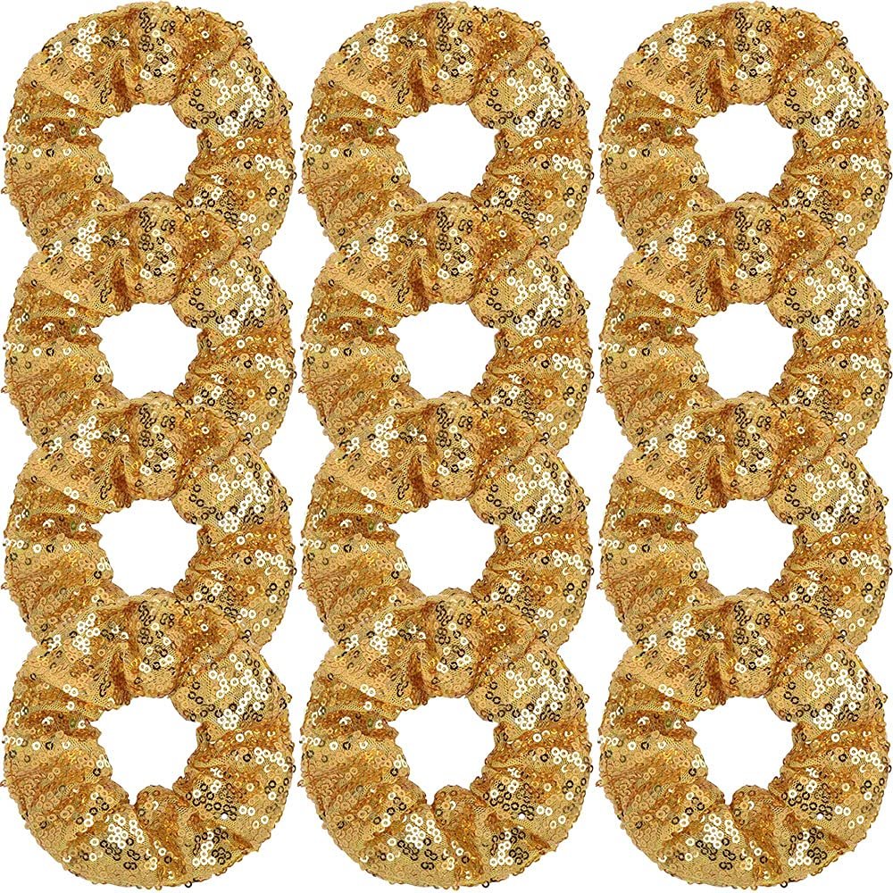 12 Pcs Gold Sequin Scrunchies Bridesmaid Scrunchy Elastics Ponytail Holders Hair Wrist Ties Bands Cloth Scrunchies for Show Gym Dance Party Club Girl Women