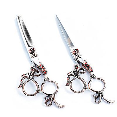 Hair Cutting Scissors, Japan 440c 6 inch Retro gem hair scissors hairdressing scissor cutting barber makas haircut thinning shears cut scissors BY ZZYY (Color : Set)