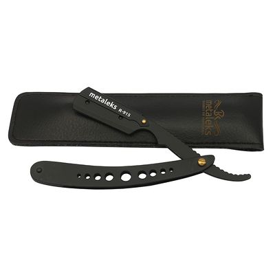 Metaleks Professional Straight Single Edge Shaving Razor, Black Matt Powder Coated, Leather Travel Pouch Included