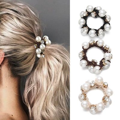 Brinie Pearl Hair Ties Black Ponytail Holders Elastic Crystal Hair Scrunchies Pearl Hair Accessories for Women and Girls (Pack of 3)
