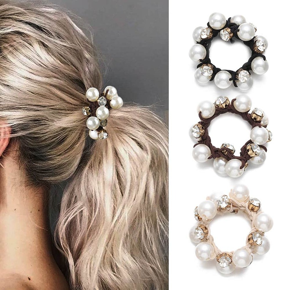 Brinie Pearl Hair Ties Black Ponytail Holders Elastic Crystal Hair Scrunchies Pearl Hair Accessories for Women and Girls (Pack of 3)