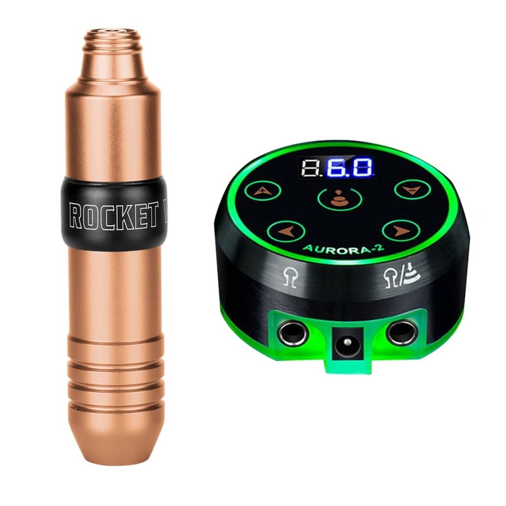 Tattoo Kit Professional Rocket Tattoo Machine Pen Motor Strong Tattoo Power Supply 10 Pcs Cartridge Needle Tattoo Supplies,Gold