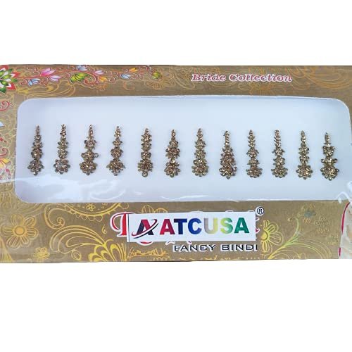 12 Golden Long Crystal Bindi Bridal face Jewels Forehead Tika Indian Bindis for women bindi Indian multicolor round long small gold (Long 12 Bindi - Golden Color)