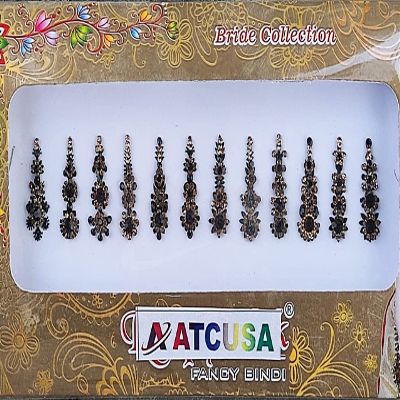 12 Black long Crystal Bindi Bridal face Jewels Forehead Tika Indian Bindis for women bindi Indian multicolor round long small gold (Long 12 bindi - Black color)