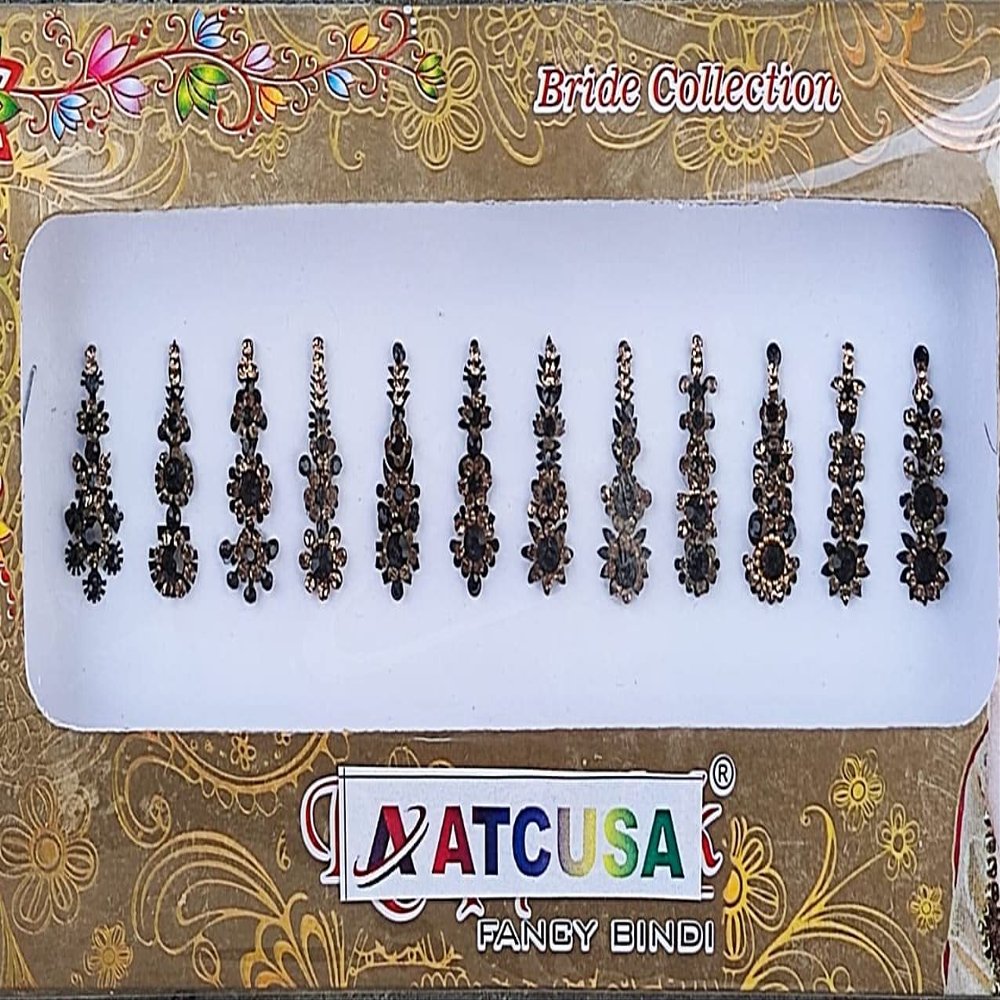 12 Black long Crystal Bindi Bridal face Jewels Forehead Tika Indian Bindis for women bindi Indian multicolor round long small gold (Long 12 bindi - Black color)