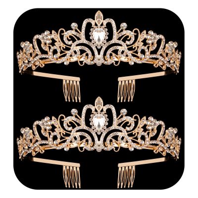 2 Pack Gold Crystal Crowns Tiara for Women, Girls Elegant Princess Rhinestone Crown with Combs, Bridal Wedding Headbands Prom Birthday Party Halloween Hair Accessories Jewelry Gifts for Women Girls