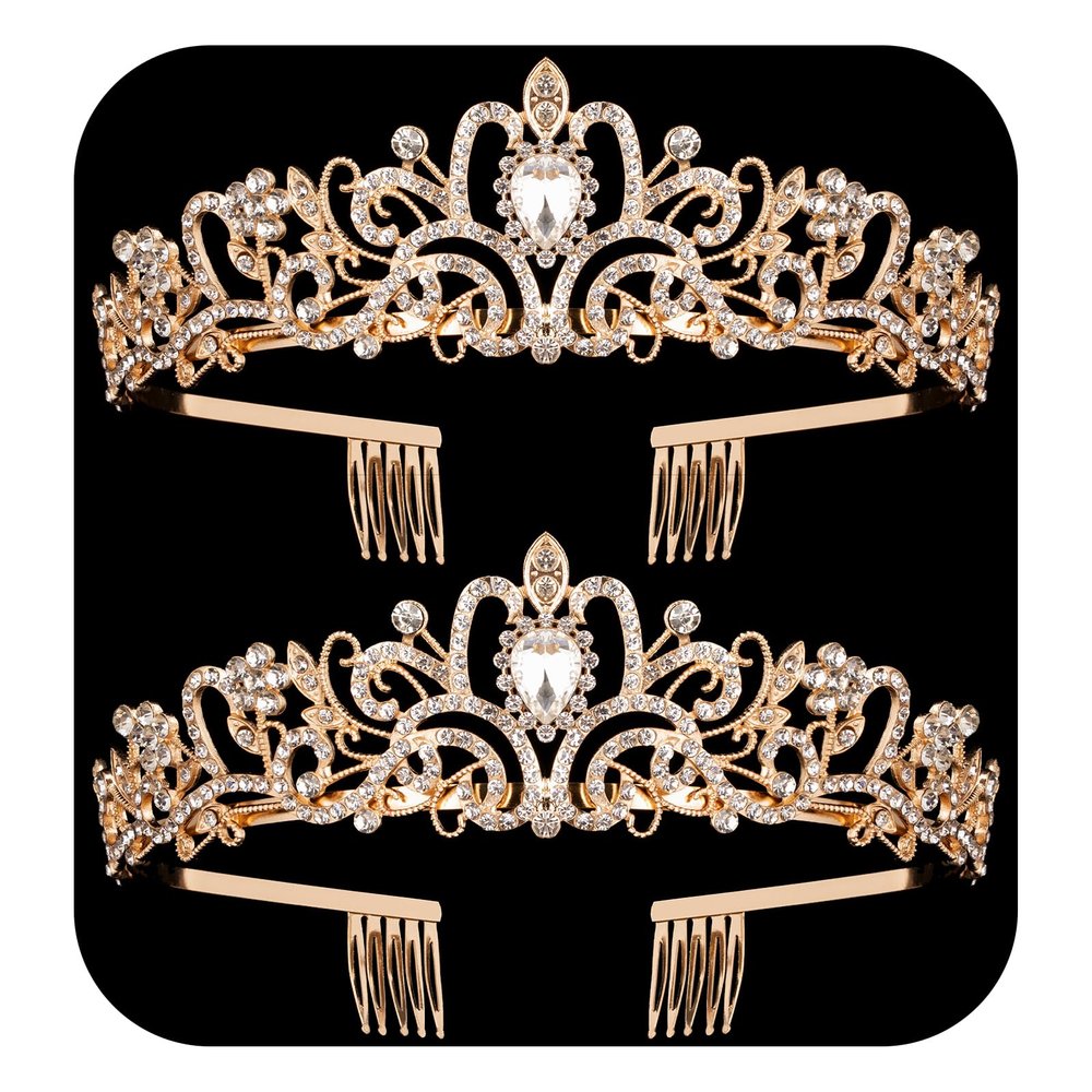 2 Pack Gold Crystal Crowns Tiara for Women, Girls Elegant Princess Rhinestone Crown with Combs, Bridal Wedding Headbands Prom Birthday Party Halloween Hair Accessories Jewelry Gifts for Women Girls