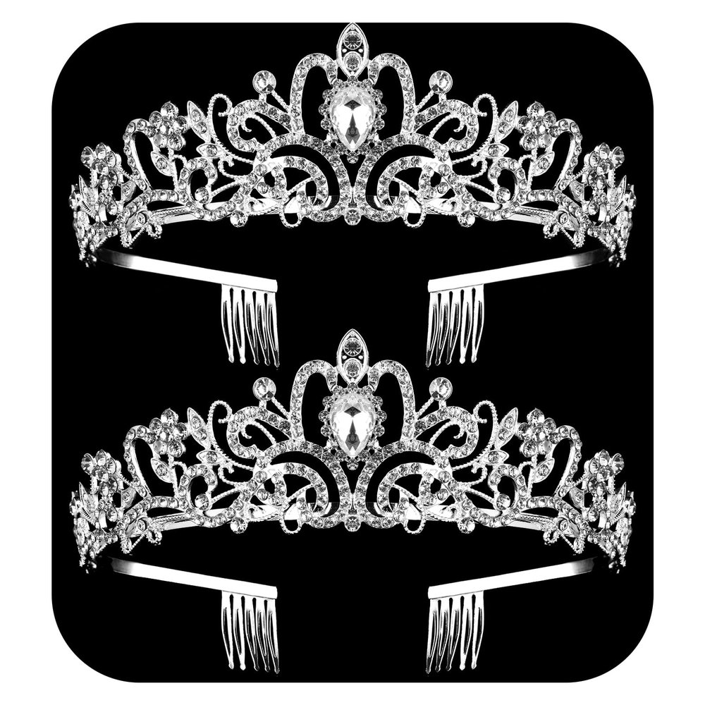 2 Pack Silver Crystal Crowns Tiara for Women, Girls Elegant Princess Rhinestone Crown with Combs, Bridal Wedding Headbands Prom Birthday Party Halloween Hair Accessories Jewelry Gifts for Women Girls