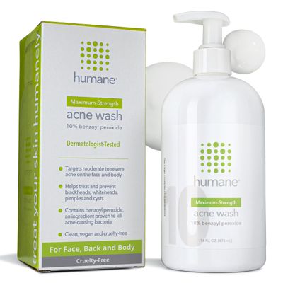 humane Benzoyl Peroxide Acne Body Wash - 10% Maximum-Strength Face, Skin, Butt, and Back Acne Treatment - 16 Fl Oz - Dermatologist-Tested Non-Foaming Acne Face Wash Cleanser - Vegan, Cruelty-Free