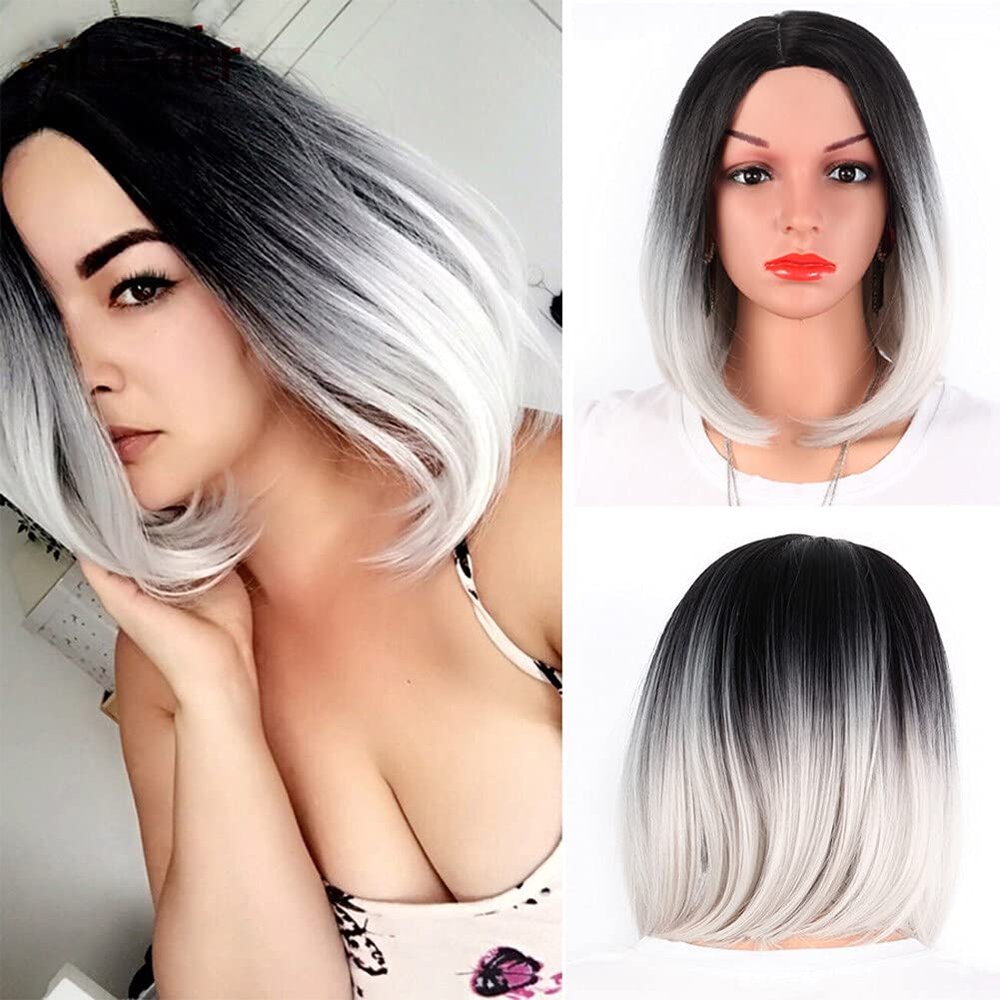 14Inch Short Synthetic Wig Shoulder-Length Womens Wigs Short Bob Platinum Blonde Wig With Natural Ombre Pink Grey Bug8#