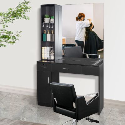 mefeir Wall Mount Hair Styling Barber Station with Support Leg & Mirror,Hair Salon Equipment, Spa Furniture Set (Black)