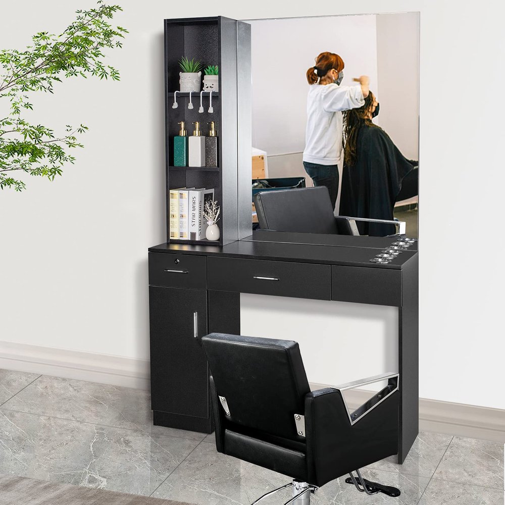 mefeir Wall Mount Hair Styling Barber Station with Support Leg & Mirror,Hair Salon Equipment, Spa Furniture Set (Black)