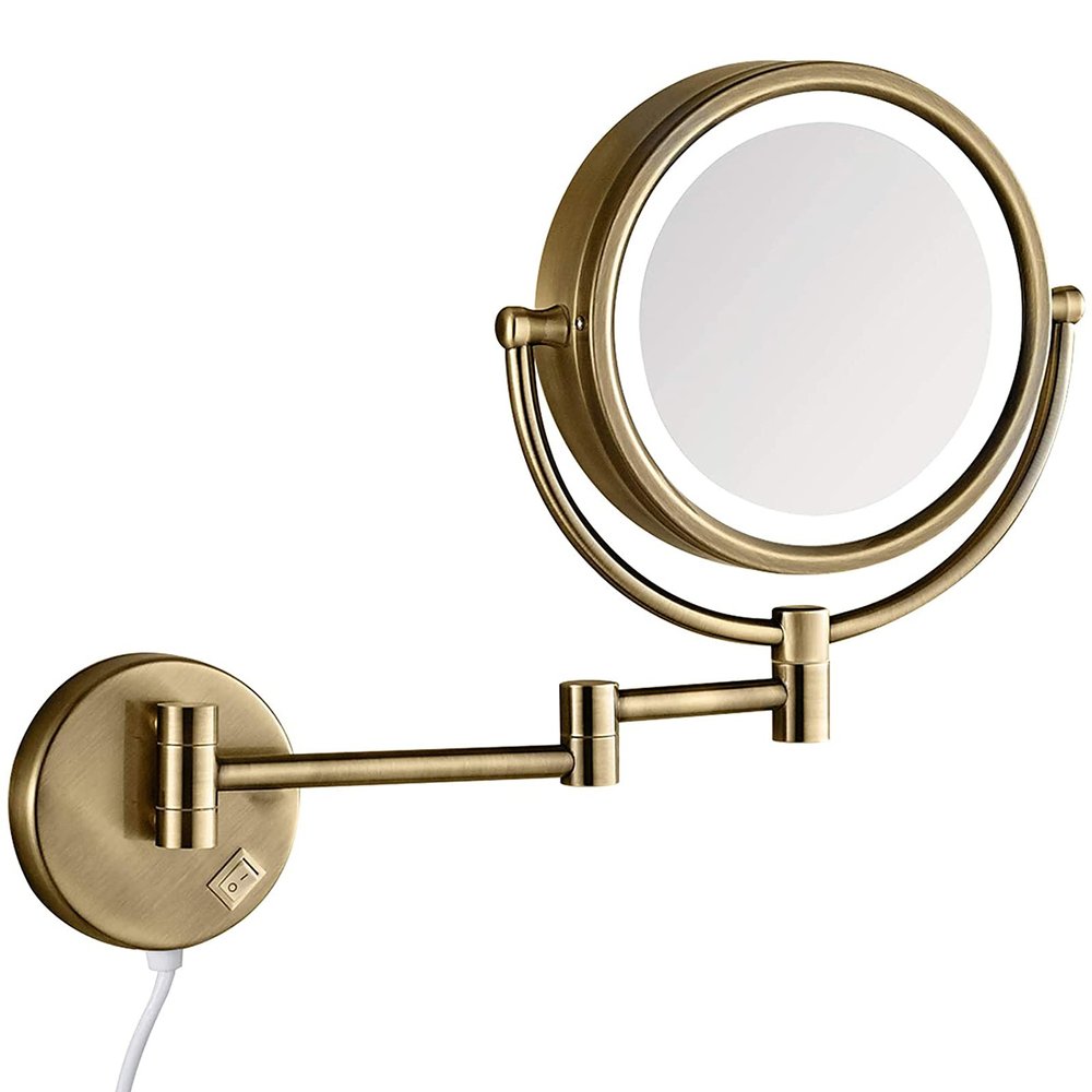 8.5 Inch Wall Mounted LED Lighted Makeup Mirror with Magnification, Bronze Bathroom Double Sided Shaving Vanity Mirror, Plug Powered,3x