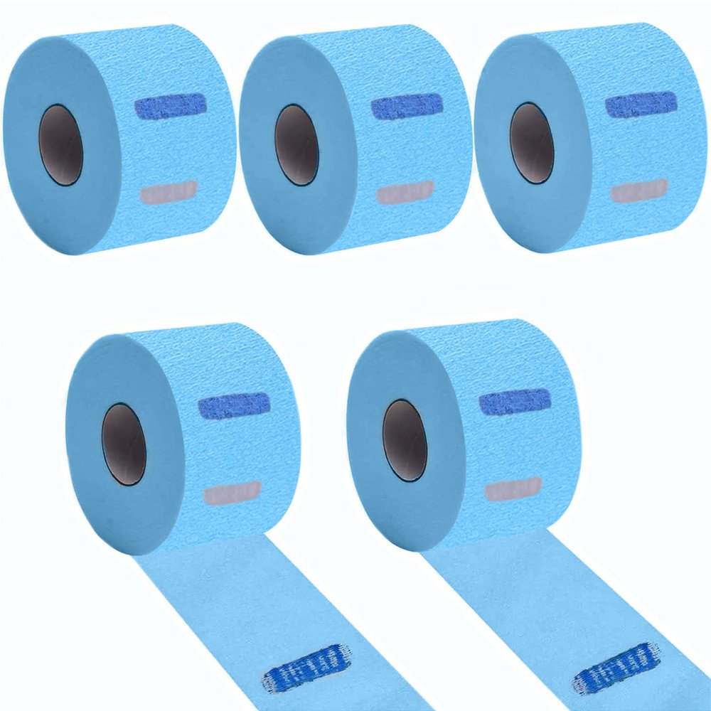 Barber Blue Disposable & Flexible Paper Neck Strips for Salon Hair Cutting & Styling - 5 Rolls, 500 Strips, Water-Resistant and Self-Adhering