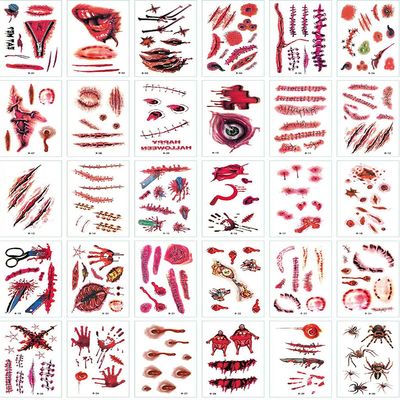 30 Sheets Halloween Scar Temporary Tattoos, Bleeding Wound Scar Blood Sticker for Party Cosplay Costume Zombie Makeup Prank Props Dance Theme Party Decorations for Adult and Kids gift