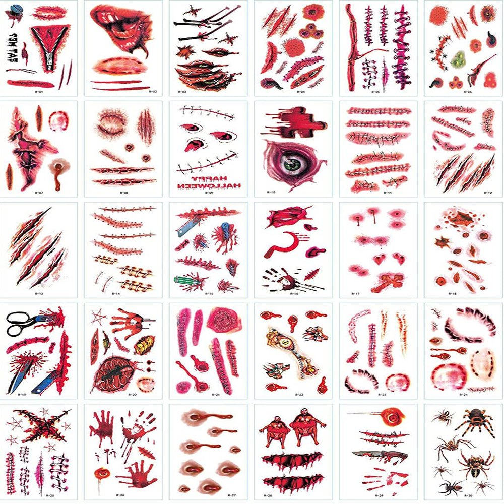 30 Sheets Halloween Scar Temporary Tattoos, Bleeding Wound Scar Blood Sticker for Party Cosplay Costume Zombie Makeup Prank Props Dance Theme Party Decorations for Adult and Kids gift