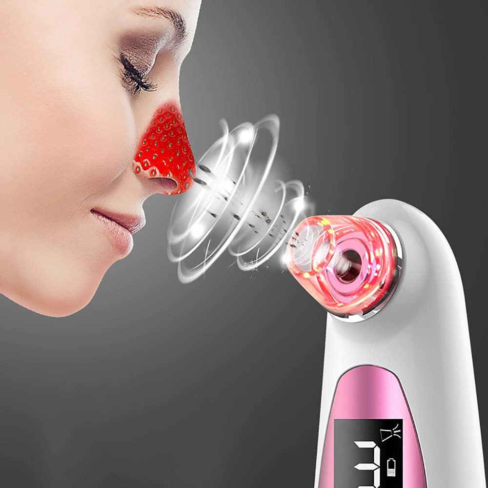 Blackhead Remover Vacuum, Red and Blue Beauty Pore Cleaner LED Display Screen USB Rechargeable Blackhead Remover, 3 Adjustable Suction Levels, 4 Replaceable Probes