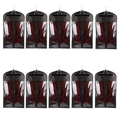 10 Packs Portable Wig Hair Extension Storage Bag with Wooden Hangers Hairpieces Storage Holder Wigs Carrier Case for Daily Use & Travel (Black)