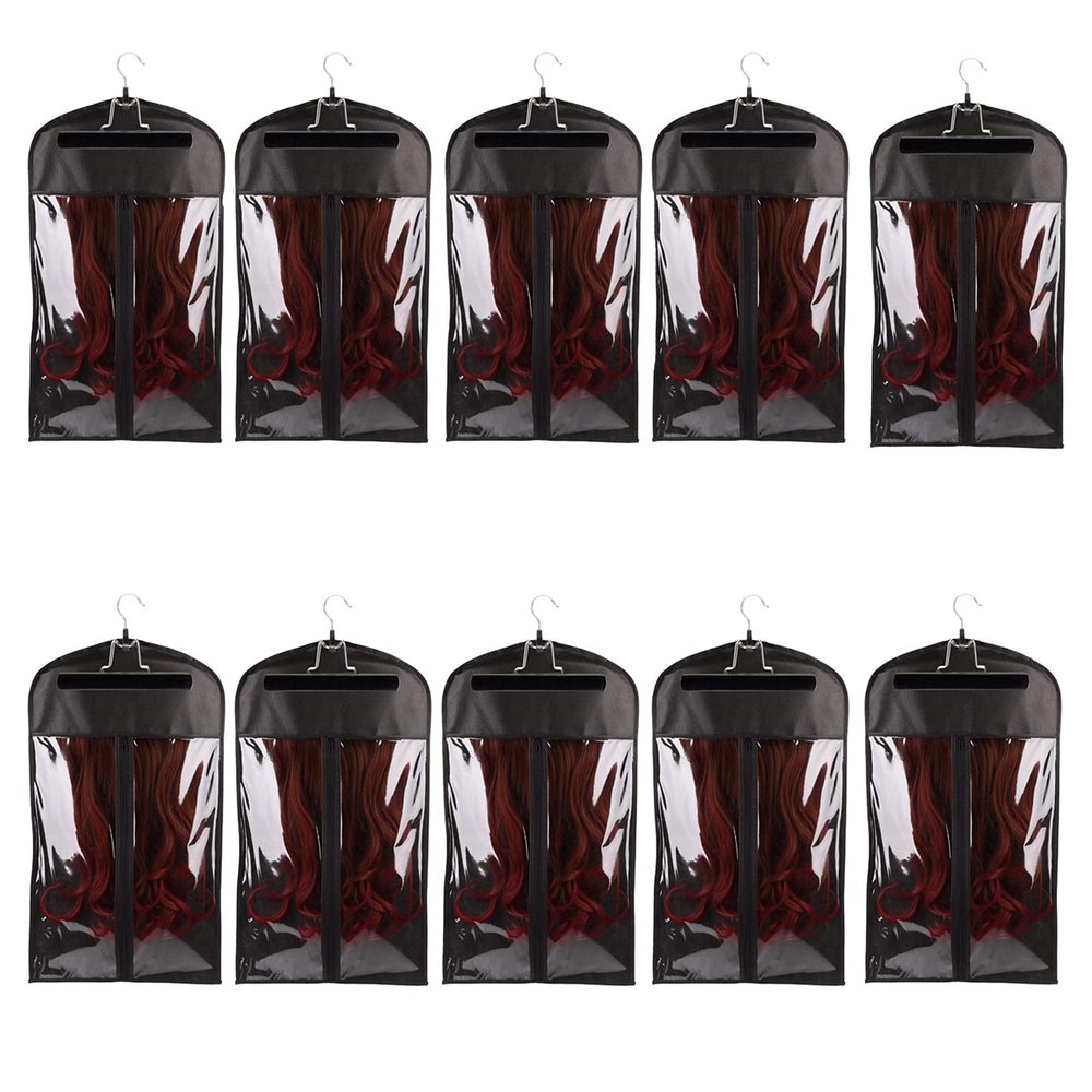 10 Packs Portable Wig Hair Extension Storage Bag with Wooden Hangers Hairpieces Storage Holder Wigs Carrier Case for Daily Use & Travel (Black)