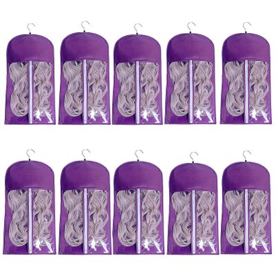 10 Packs Portable Wig Hair Extension Storage Bag with Wooden Hangers Hairpieces Storage Holder Wigs Carrier Case for Daily Use & Travel (Purple)