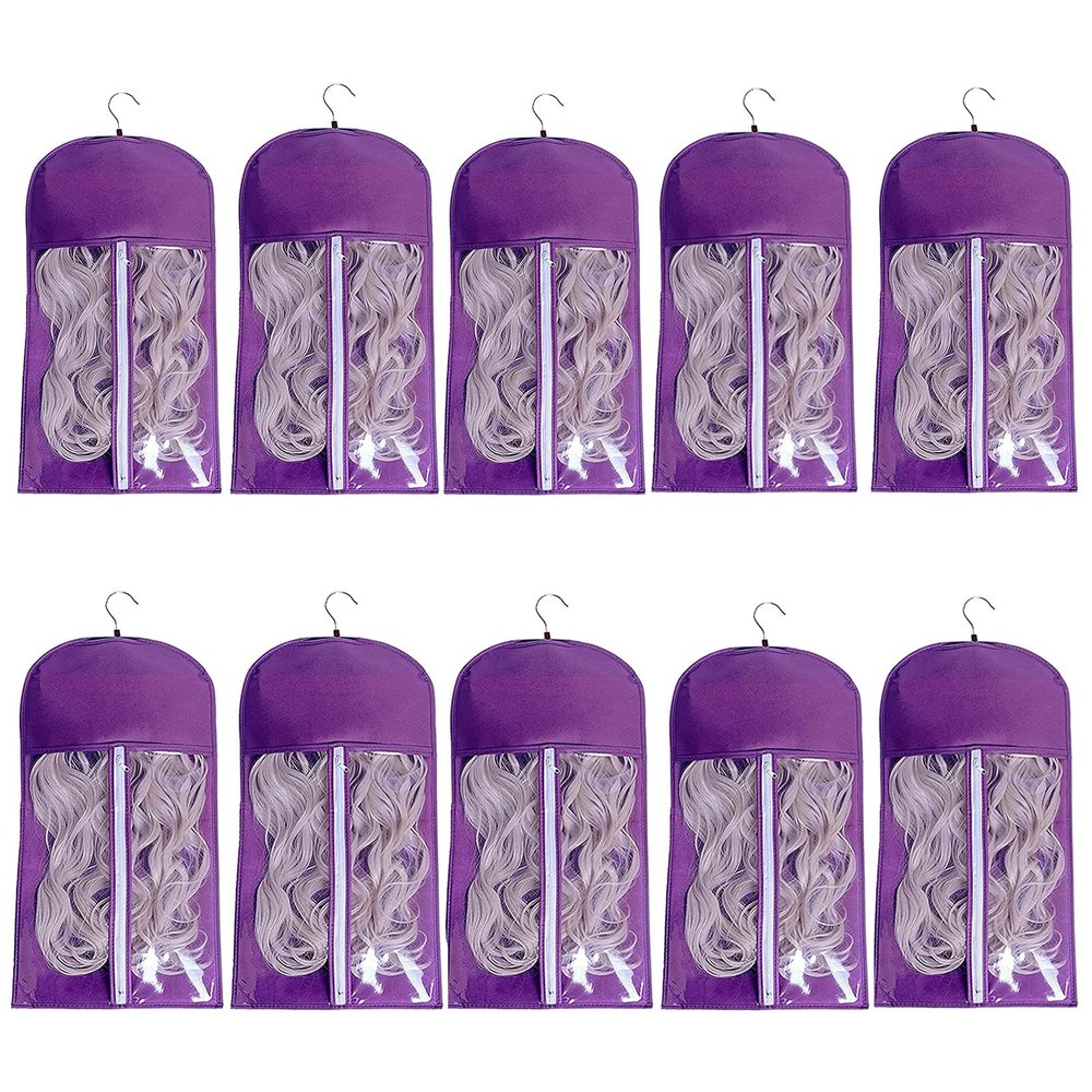 10 Packs Portable Wig Hair Extension Storage Bag with Wooden Hangers Hairpieces Storage Holder Wigs Carrier Case for Daily Use & Travel (Purple)