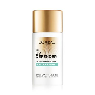 LOral Paris Sunscreen, Lightweight Matte Sunscreen For Oily Skin, UVA & UVB Protection, With SPF 50 PA+++, Matte & Fresh, UV Defender Serum Protector, 50 ml