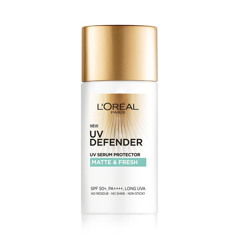 LOral Paris Sunscreen, Lightweight Matte Sunscreen For Oily Skin, UVA & UVB Protection, With SPF 50 PA+++, Matte & Fresh, UV Defender Serum Protector, 50 ml