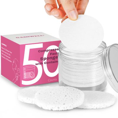 GAINWELL 50-Count Compressed Facial Sponges with Storage Container, for Facial Cleansing, Reusable Makeup Remover, Portable, Suitable for Travel, White