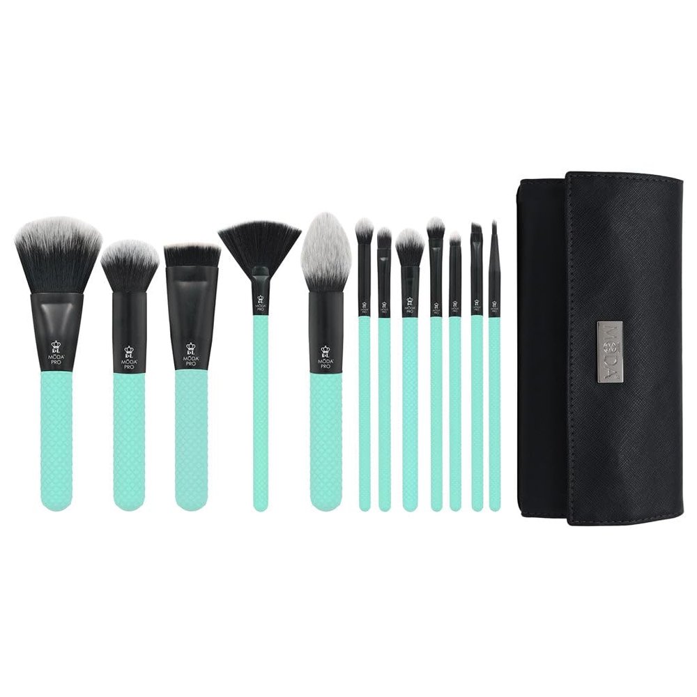 Moda Pro Full Face 13pc Aqua Makeup Brush Kit  Professional Brush Set for Face & Eyes with Travel Case