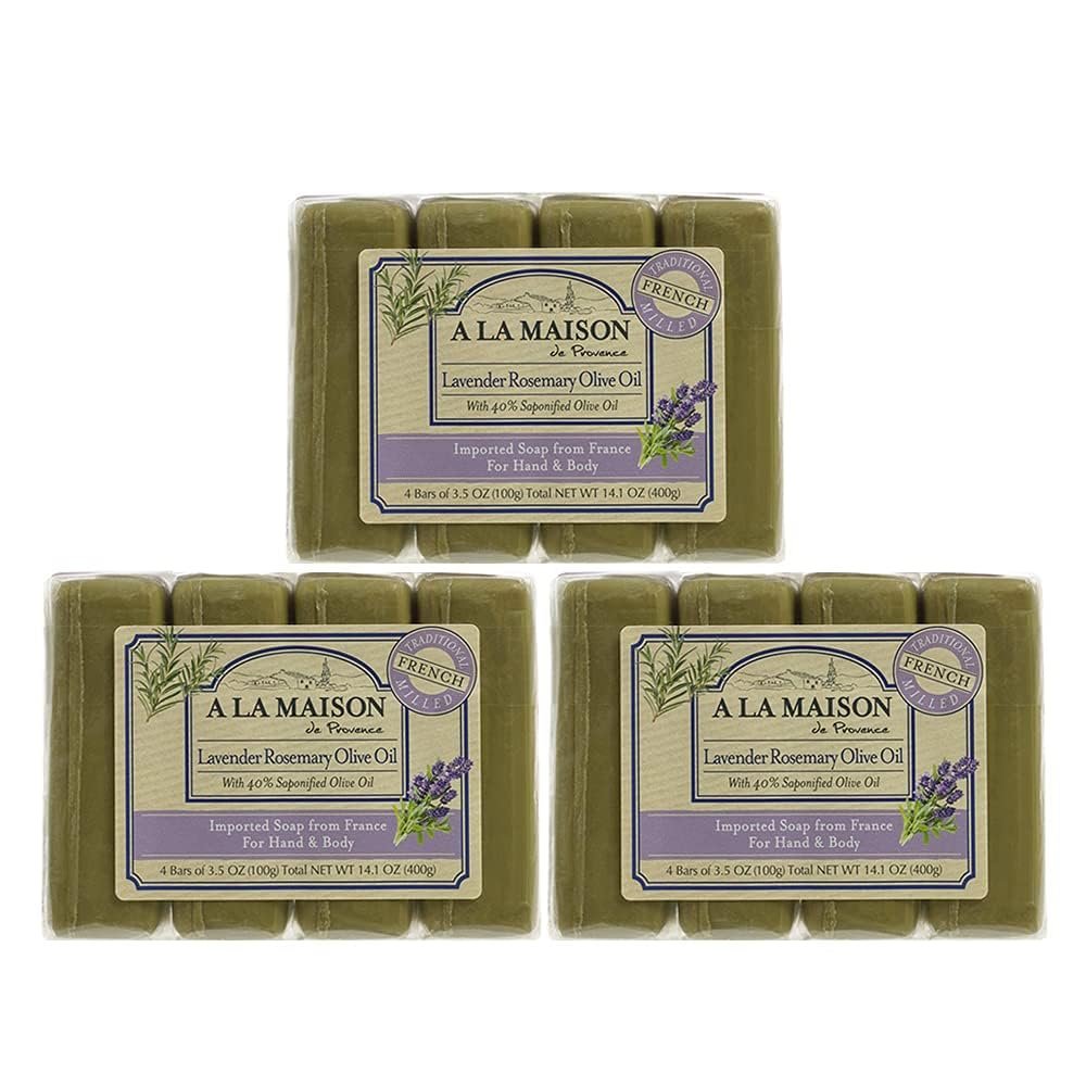 A LA MAISON Lavender Rosemary Olive Oil Bar Soap - Triple French Milled Natural Moisturizing Hand Soap Bar (12 Bars of Soap, 3.5 oz)