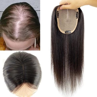 13x15 CM Remy Hair Mono Base Topper For Women With Thinning Hair Hand Made Toupee with Clips Straight Bigger Part Quality (Dark Brown, 10 inches)