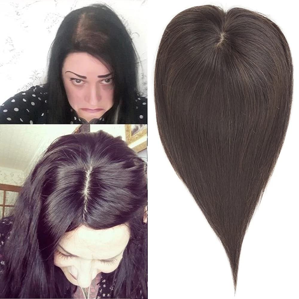 13x15 CM Straight Brazilian Remy Human Hair Topper Hand Tied Hairpiece With 1 CM PU Around Silk Base Hair Topper For Women (Medium Brown, 12 inches)