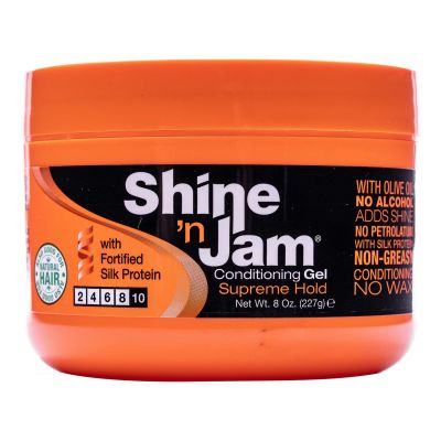Ampro Shine-n-Jam Supreme Hold - Conditions Hair with Olive Oil and Silk Protein - Great for Smoothing Fringe, Ponytails, and Up-dos - Firms Tresses with Non-Greasy Shine - 8 oz