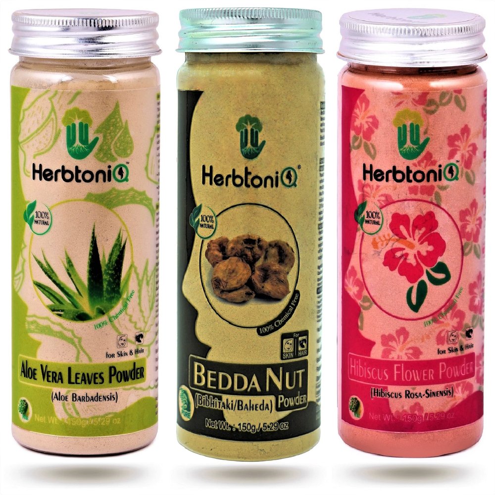 HerbtoniQ 100% Natural Aloe Vera Leaves, Bedda Nut and Hibiscus Flower Powder For Hair Pack and Face Pack (450g)