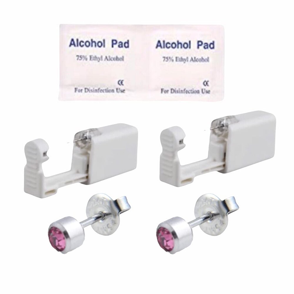 2Pcs Disposable Sterile Unit Ear Nose Stud Piercing Gun Piercer Tool Machine (4mm 222 Pink CZ)