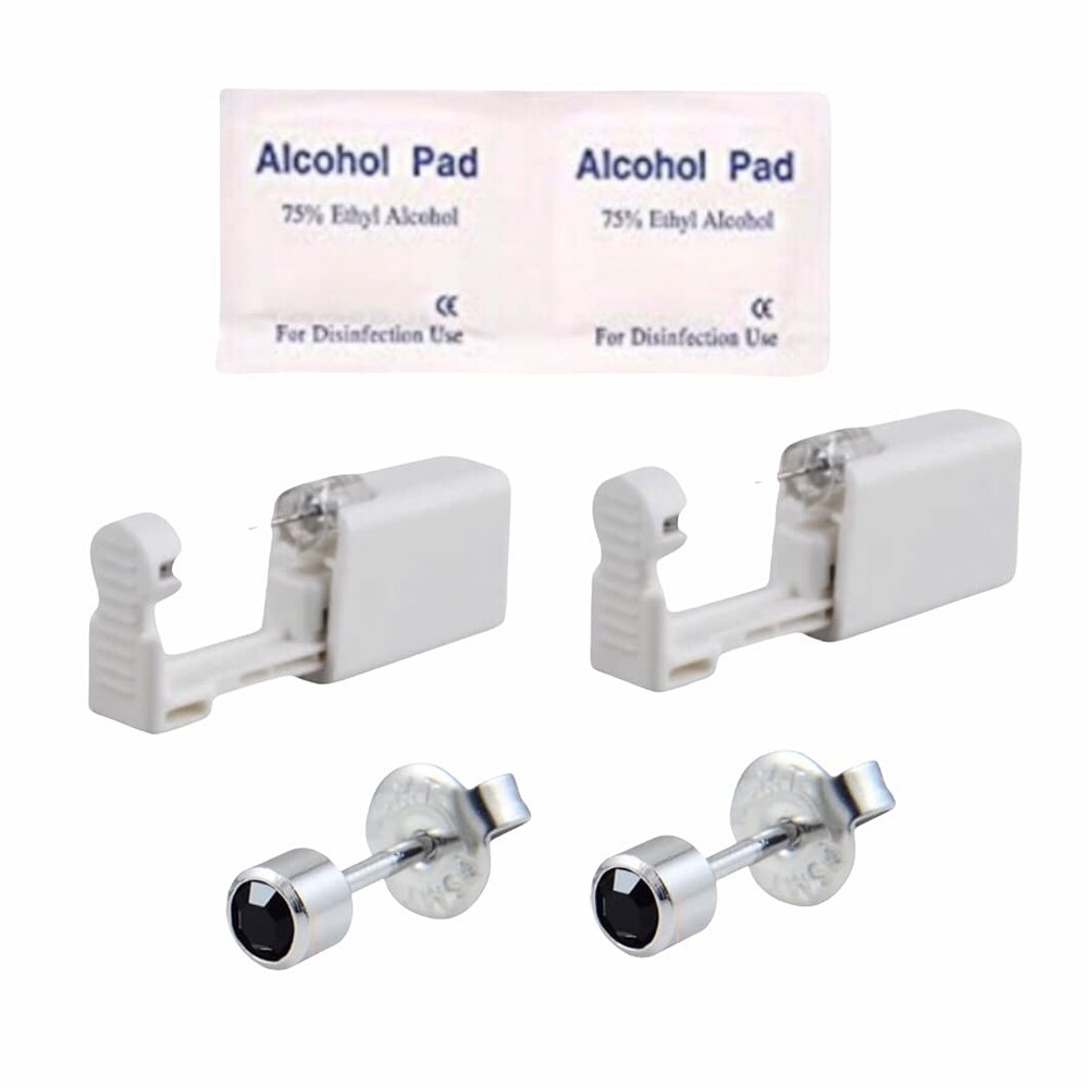 2Pcs Disposable Sterile Unit Ear Nose Stud Piercing Gun Piercer Tool Machine (4mm 225 Black Zircon)