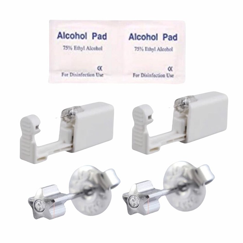 2Pcs Disposable Sterile Unit Ear Nose Stud Piercing Gun Piercer Tool Machine (4mm 227 Star Clear CZ)