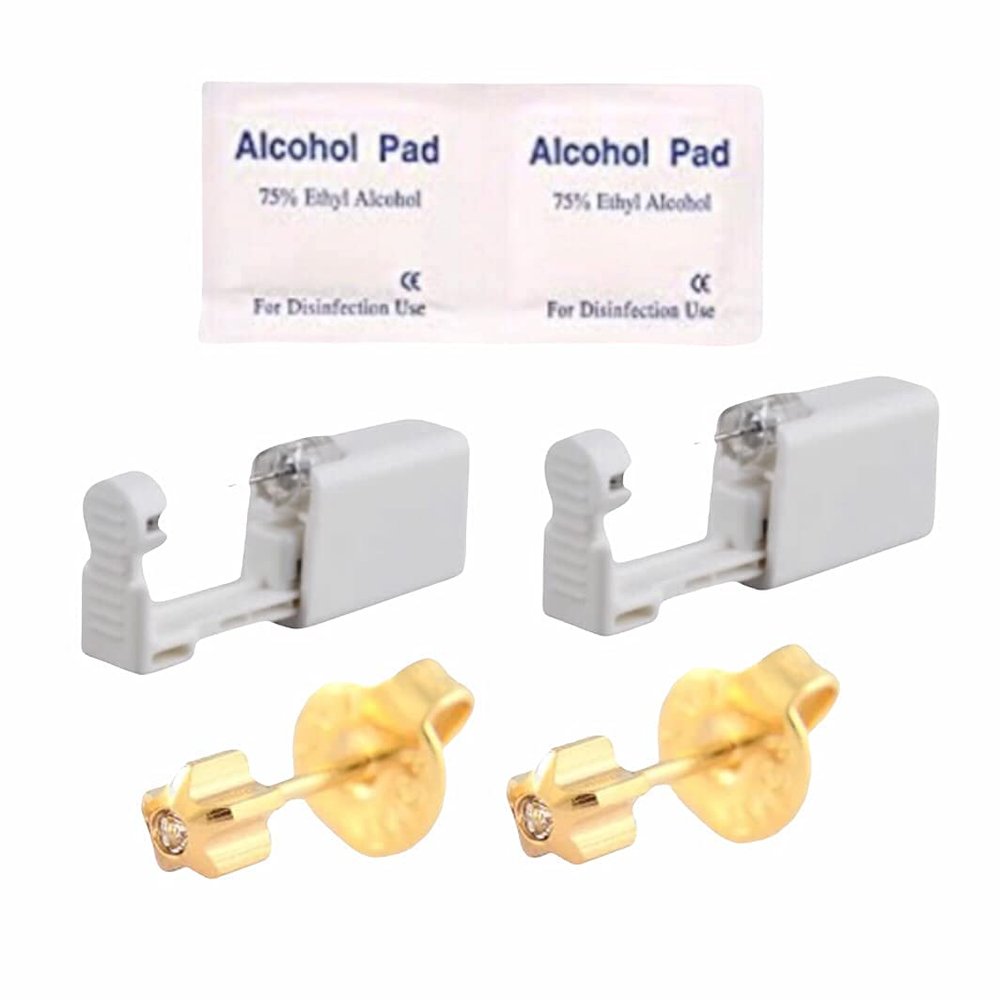2Pcs Disposable Sterile Unit Ear Nose Stud Piercing Gun Piercer Tool Machine (4mm 242 Gold Star Clear CZ)