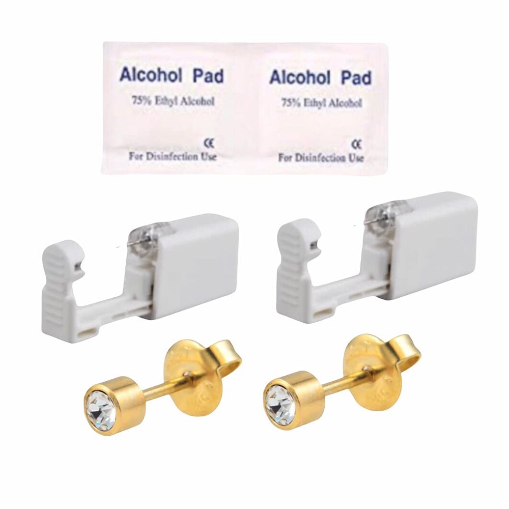 2Pcs Disposable Sterile Unit Ear Nose Stud Piercing Gun Piercer Tool Machine (4mm 231 Gold Plated Clear CZ)