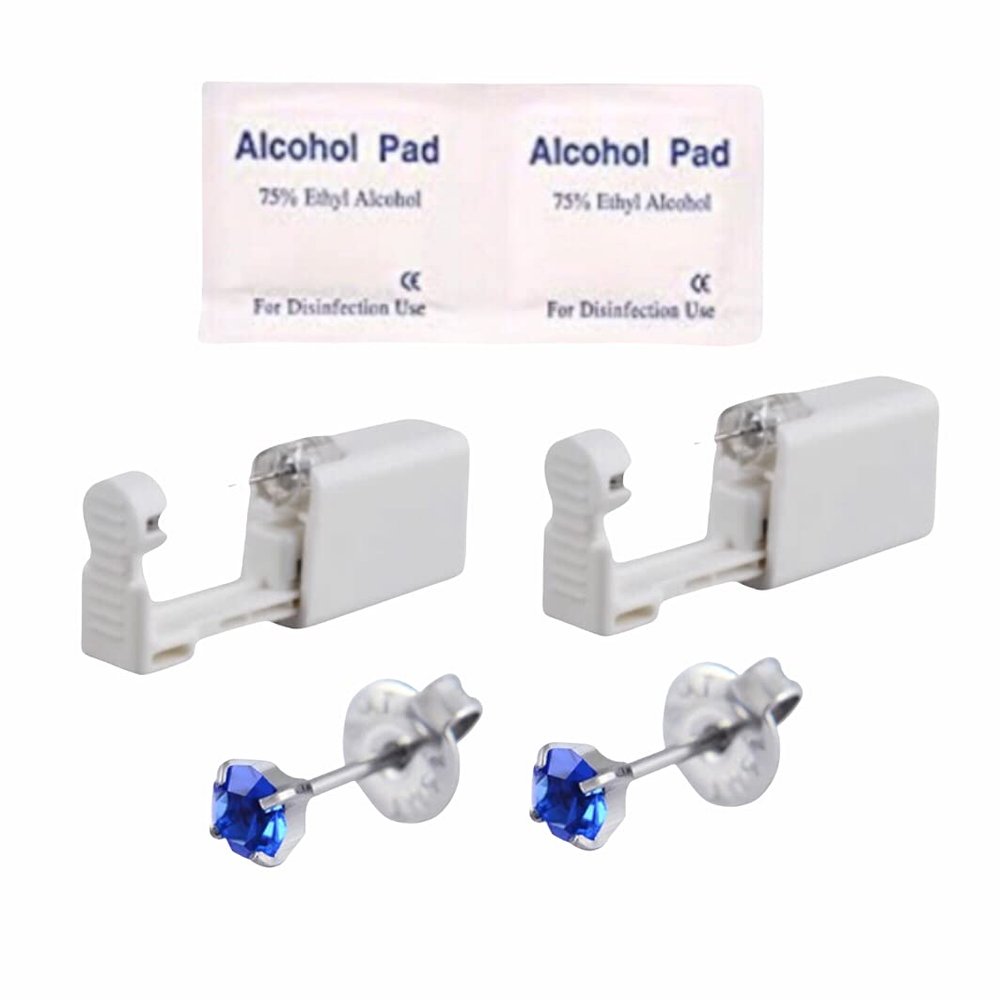 2Pcs Disposable Sterile Unit Ear Nose Stud Piercing Gun Piercer Tool Machine (4mm 274 Four-claw Created Sapphire)