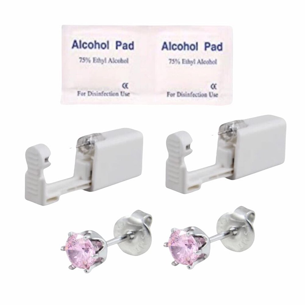 2Pcs Disposable Sterile Unit Ear Nose Stud Piercing Gun Piercer Tool Machine (5mm 515 Crown Pink CZ)