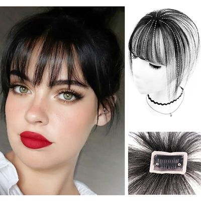 Thin 3D Air Bangs Clip in Bangs Human Hair Straight Neat Bangs Clip in Hair Extensions Remy Hair Hand-made Bangs Fringe One Piece Hairpieces Fake Bangs(Natural Black)