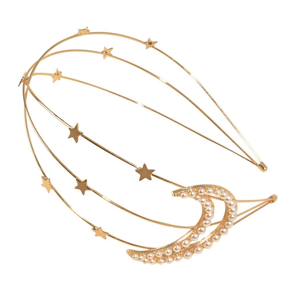 Hair Band Metal Wavy Brain Gold Female Detail Simple Moon Star Pearl Headband Out Of The Stylus Headband-Moon