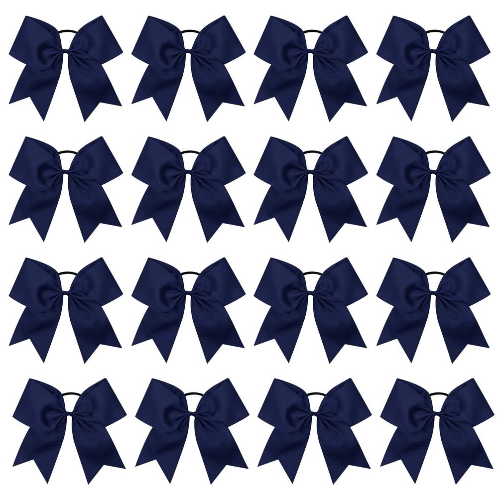 16PCS 8" Large Cheer Hair Bows Ponytail Holder Elastic Band Handmade for Cheerleading Teen Girls College Sports (16 Pcs) (Navy)
