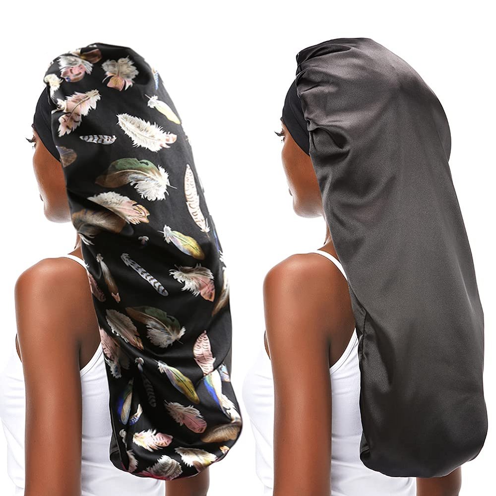 greatremy 2PCS Silky Satin Hair Bonnet Long Bonnet for Women Dreadlocks,Braids,Locs,Curly,Long Hair Cap for Sleeping Black Breathable Sleep Cap