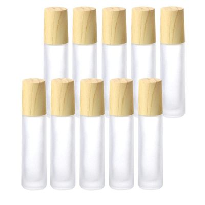 10ml Essential Oil Roller Bottles High-grade Frosted Glass Roller Bottles with Stainless Steel Roller Balls,Wood Grain Lid, for Essential Oil Cosmetic Sample (10 Pcs)