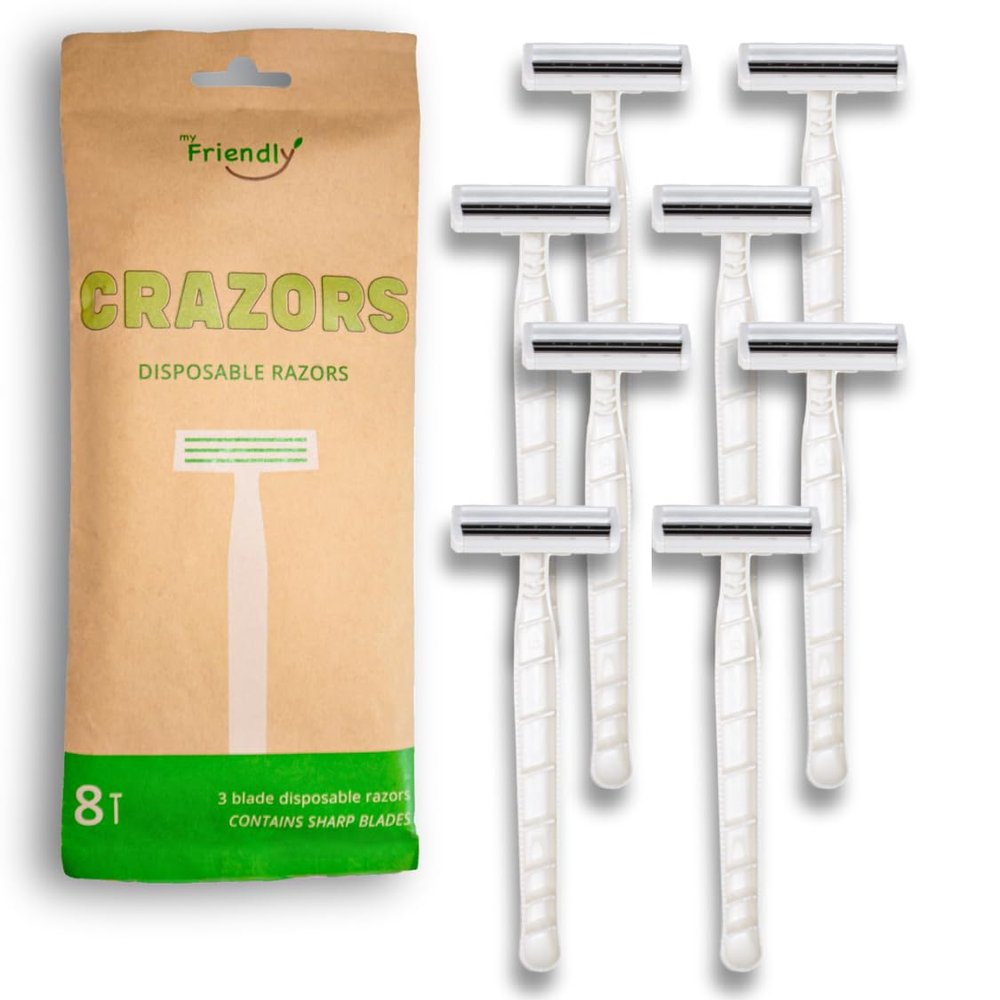 Hair Removal Crazors 3 Blades  Disposable Razors for Men/Women's Grooming  Single-Use Body & Face Shaver  Raw-Material Earth+Skin Loving Travel-Size Toiletries  8-Pack by MyFriendly