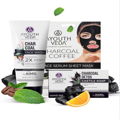 Ayouthveda Skin Detox Combo for Eliminate Dirt & Impurities, Oil Control Charcoal Face Wash 100ml | Hand Made Charcoal Detox Castile Soap 110g | Charocal and Coffee Face Serum Sheet Mask 20g for Men