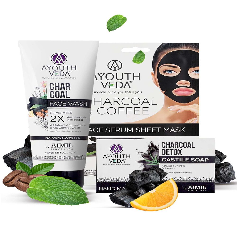 Ayouthveda Skin Detox Combo for Eliminate Dirt & Impurities, Oil Control Charcoal Face Wash 100ml | Hand Made Charcoal Detox Castile Soap 110g | Charocal and Coffee Face Serum Sheet Mask 20g for Men