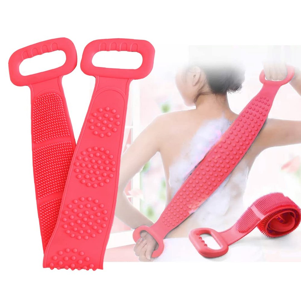 Silicone Back Scrubber Belt (80cm) Extra Long-Double-Sided Bath Scrub Strap Gently Massages and Exfoliates Skin (72 cm), Pink